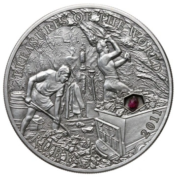 Сребърна монета Палау: Съкровищата на света - Рубин 5$ сребро 2011 античен финиш