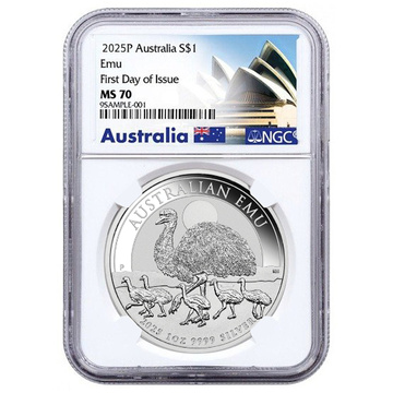 Australský Emu 1 oz Stříbra 2025 MS 70 NGC First Day of Issue 