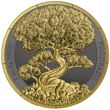 Mythical Forest: Yggdrasil Goldenleaf pozlacená 1 unce stříbra 2025 Black Ruthenium
