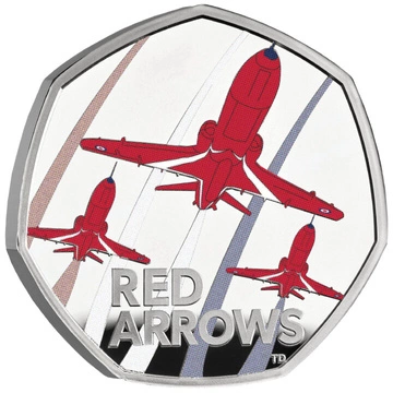 Barevný stříbrný 50p proof 2025 Red Arrows