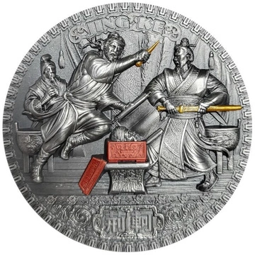 Niue: Famous Assassinations - Jing Ke barevná, pozlacená 2 unce stříbra 2022 High Relief Antiqued Coin
