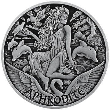 Tuvalu: Bohové Olympu – Afrodita 5 uncí stříbra 2022 Antiqued Coin