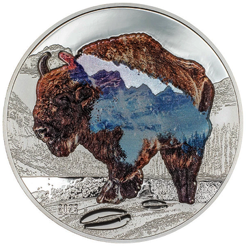 Mongolia: Into the Wild - Bison coloured 2 oz Silber 2023 Proof Ultra High Relief