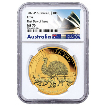 Australisches Emu 1 Unze Gold 2025 MS 70 NGC First Day of Issue