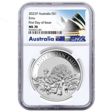 Australischer Emu 1 Unze Silber 2023 MS 70 NGC First Day of Issue