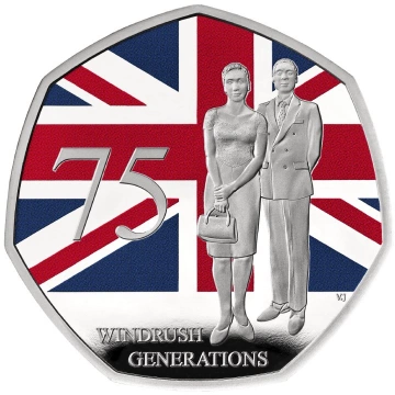 75 Years of the Windrush Generation colored 50p Silver 2023 Proof Piedfort