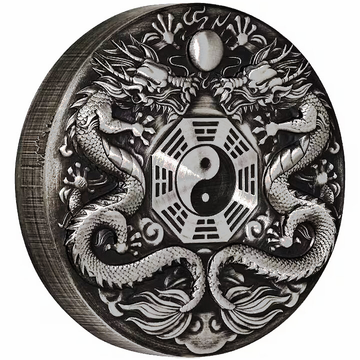 Tuvalu: Double Dragon coloured 2 oz Silver 2019 Antiqued Coin