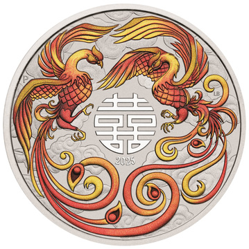  Chinese Myths and Legends: Double Phoenix Coloured (Red-Gold) 1 Ounce Silver 2025 (Coin in Card)