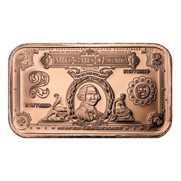 1 oz Copper Bar - $2 US Thomas Jefferson Banknote