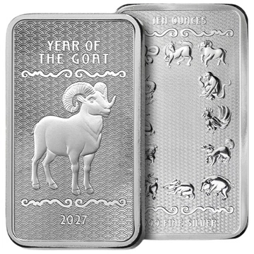 Silver Bar Lunar Year of the Goat 10 oz Silver 2027 Prooflike