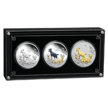 Set of 3 Perth Mint: Lunar III - Year of the Goat Colored/Gold-Plated Silver Coins 3 oz Silver 2027 Proof