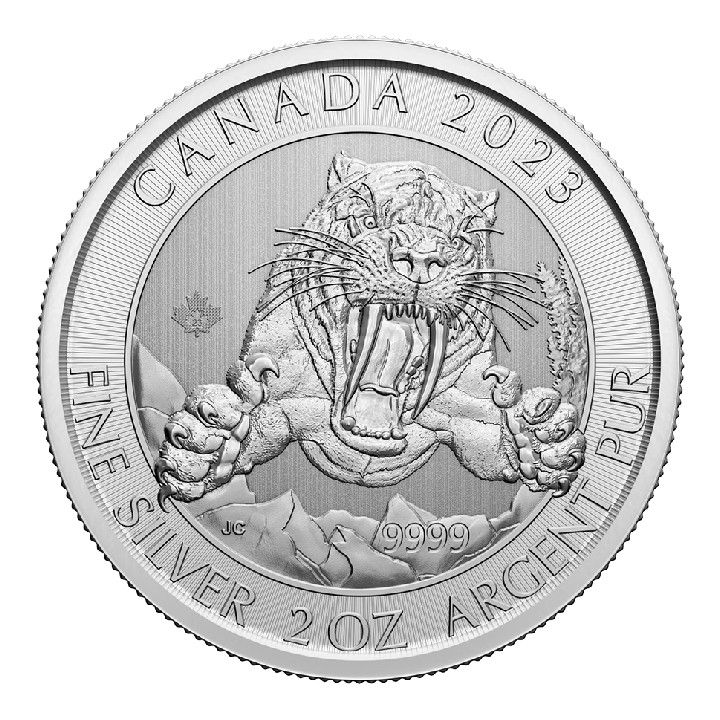 Canada: Ice Age - Smilodon Sabre-tooth Cat 2 oz Silver 2023 