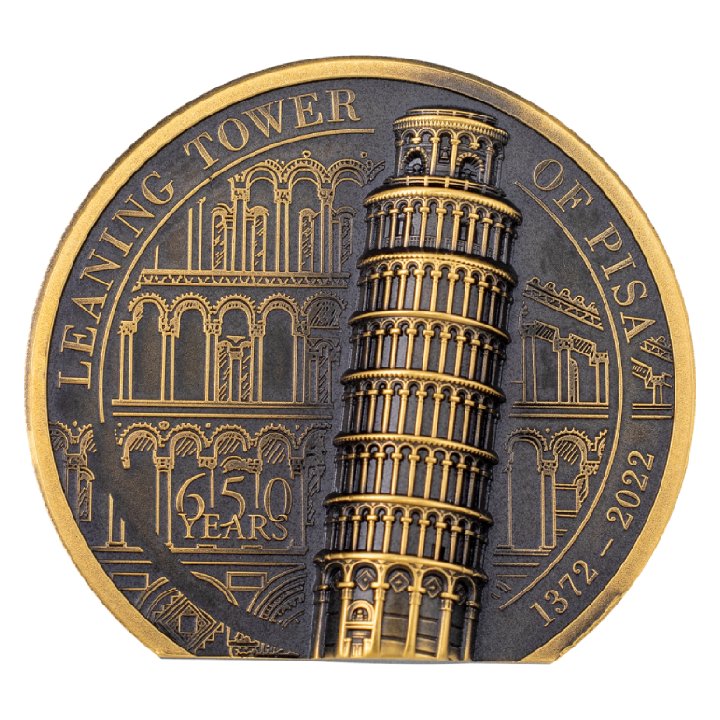 Cook Islands: Leaning Tower of Pisa 1 oz Gold 2022 Ultra High Relief Antiqued Coin