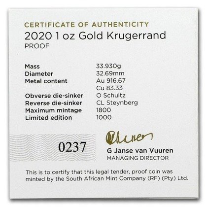 Krugerrand 1 oz Gold  2020 Proof