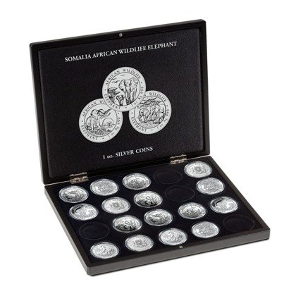 Presentation cases for 20 Somalia Elephant Silver coins in capsules Leuchtturm