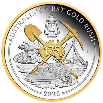 Moneda de plata Perth Mint: Australia’s First Gold Rush 175th Anniversary chapada en oro 1 onza de plata 2026 Proof