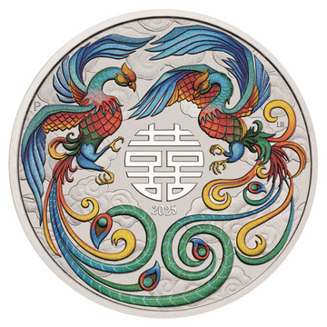 Chinese Myths and Legends: Doble Fénix Coloreado (vivid) 1 onza Plata 2025 (Moneda en Tarjeta)