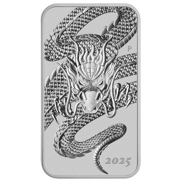 Moneda rectangular de plata Dragón 1 onza 2025 
