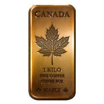 Lingote de cobre Canadian Maple Leaf 1000 gramos Cobre