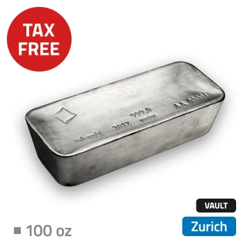 Plata de Inversión 100 oz Casa de Moneda Acreditada – Almacenada en Bóveda Libre de Impuestos en Zúrich (Loomis)