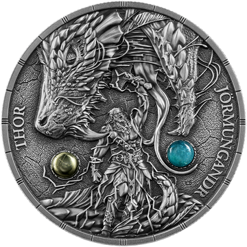 Moneda de plata Ragnarök: Thor y Jörmungandr Black Light 2 onzas de plata 2026 Ultra High Relief