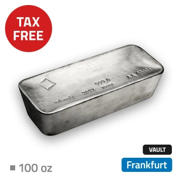 Argent d'investissement 100 onces Monnaie accréditée stockée dans un entrepôt hors taxes à Francfort (Loomis)