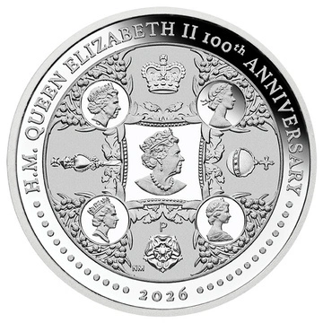 Monnaie en argent Perth Mint : 100e anniversaire de H.M. Queen Elizabeth II 1 once Argent 2026 Proof