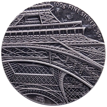 Tchad : Tina’s View - Tour Eiffel de Paris 100 grammes d'argent 2022 High Relief Antiqued Coin