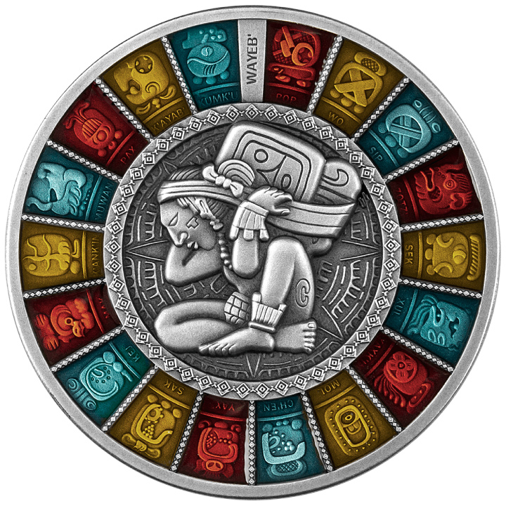Niue: Haab Calendar coloured $2 Silber 2023 High Relief Antiqued Coin