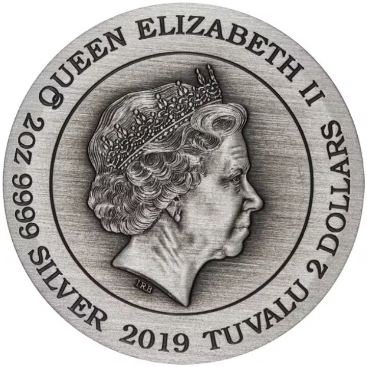 Tuvalu: Double Dragon coloured 2 oz Silver 2019 Antiqued Coin