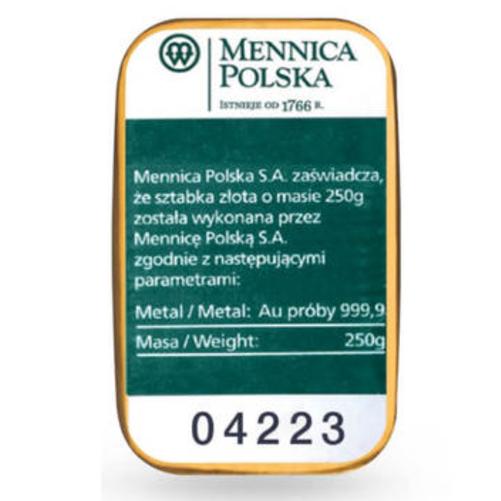 Mint of Poland 250 gram Gold Bar