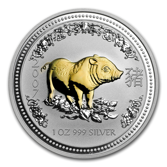 Lunar I: Rok Świni 1 uncja Srebra Platerowane złotem 2007