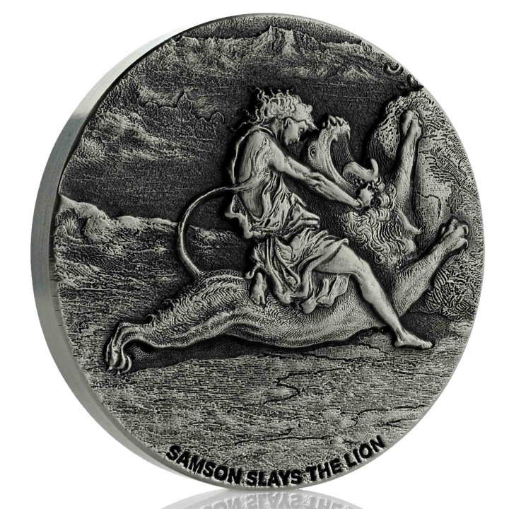 Niue: Bíblica - Sansón mata al león 2 oz Plata 2019 Proof Antiqued Coin