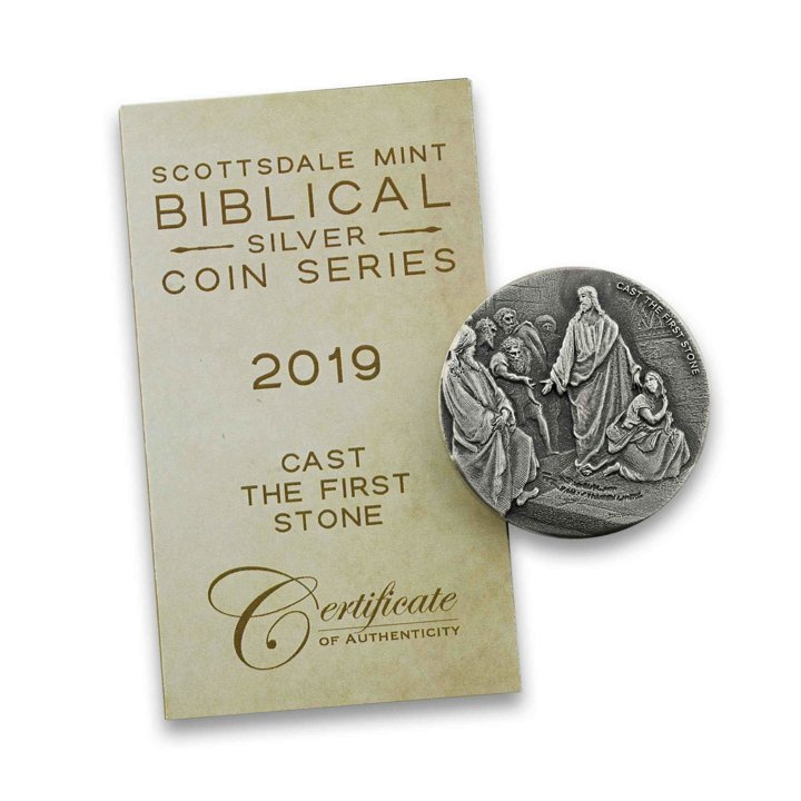 Niue: Biblické - Hoď první kamenem 2 unce stříbra 2019 Proof Antiqued Coin