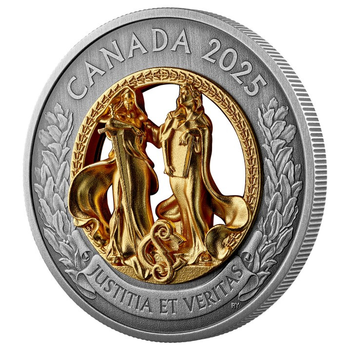 Canada: Allegories of Justice and Truth pozłacany $50 Srebro 2025 Antiqued Coin