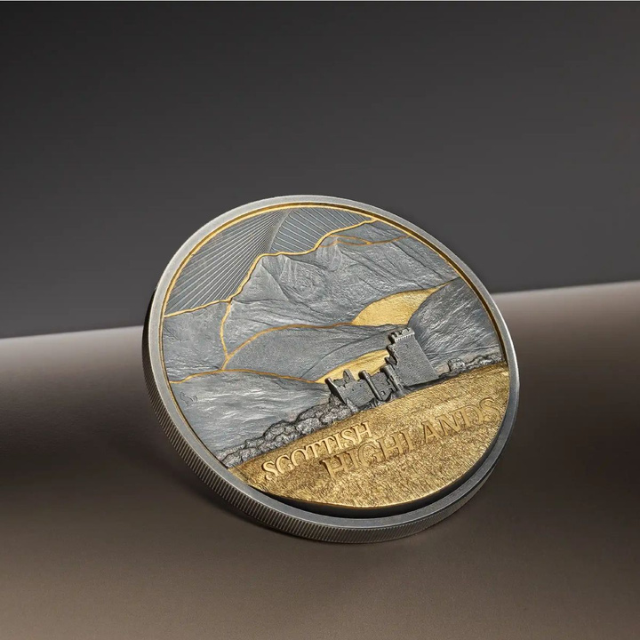 Monedă din Argint aurită Golden Landscapes - Scottish Highlands 2 oz 2026 Antiqued Ultra High Relief