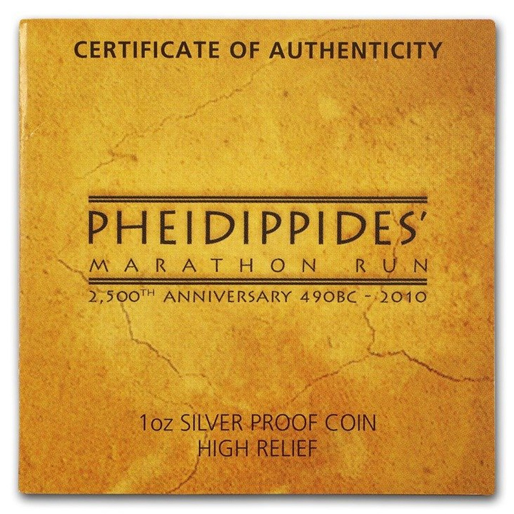 Maratón de Pheidippidis 1 oz Plata 2010 PROOF Alto Relieve