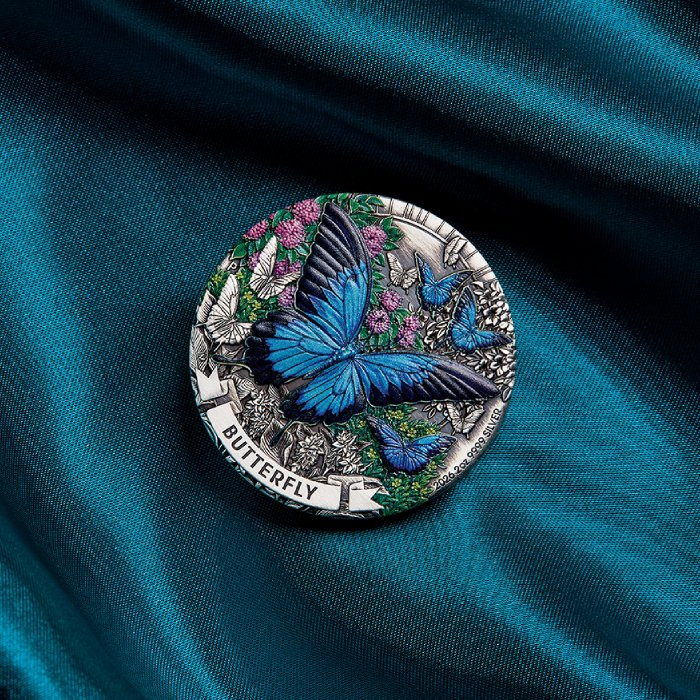 The Perth Mint: Butterfly színezett ezüst érme 2 uncia ezüst 2026 Antiqued