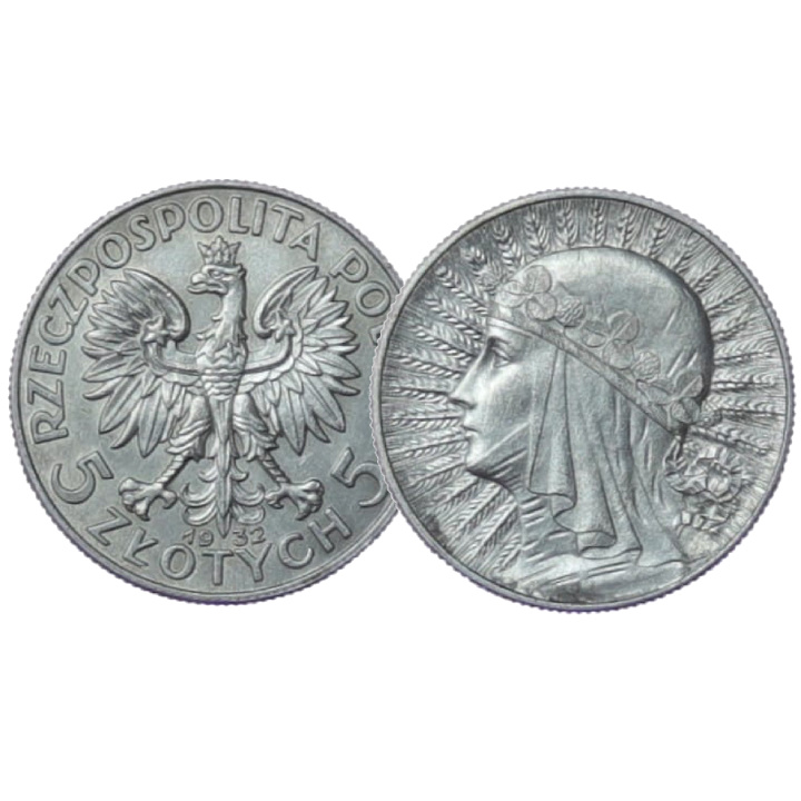 Poland: "Head of a Woman" Jadwiga 5 zloty Silver Random Year