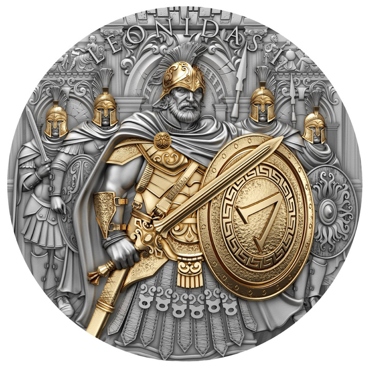 Niue: Leonidas I vergoldet 2 oz Silber 2025 Antik-Finish