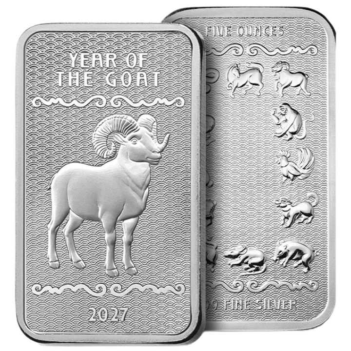 Lingot en argent Lunar Year of the Goat 5 onces d'argent 2027 Prooflike