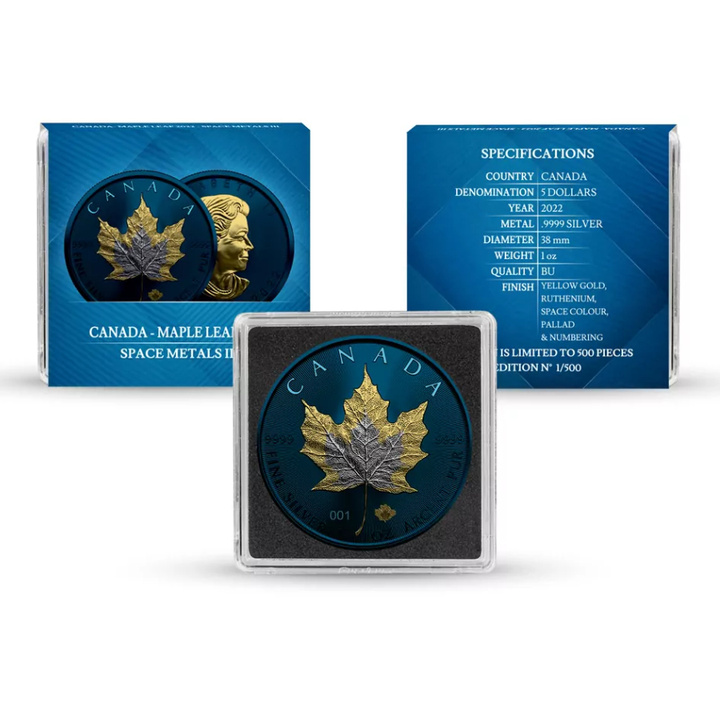 Feuille d’érable canadienne 1 once d’argent colorisée/plaquée or 2022 – Édition Space Metals III