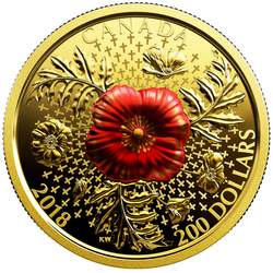 Canada: Armistice Poppy colorato 1 oncia d'oro 2018 Reverse Proof