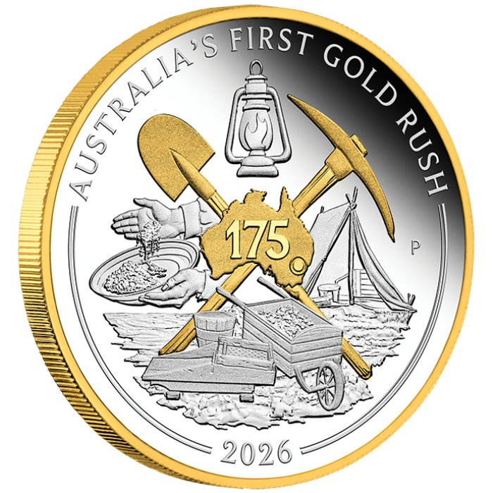 Silbermünze Perth Mint: Australia’s First Gold Rush 175th Anniversary vergoldet 1 Unze Silber 2026 Proof