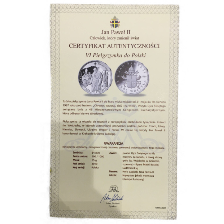 John Paul II - VI Pilgrimage to Poland 31.5-10.6.1997 Silver Proof Round - certificate