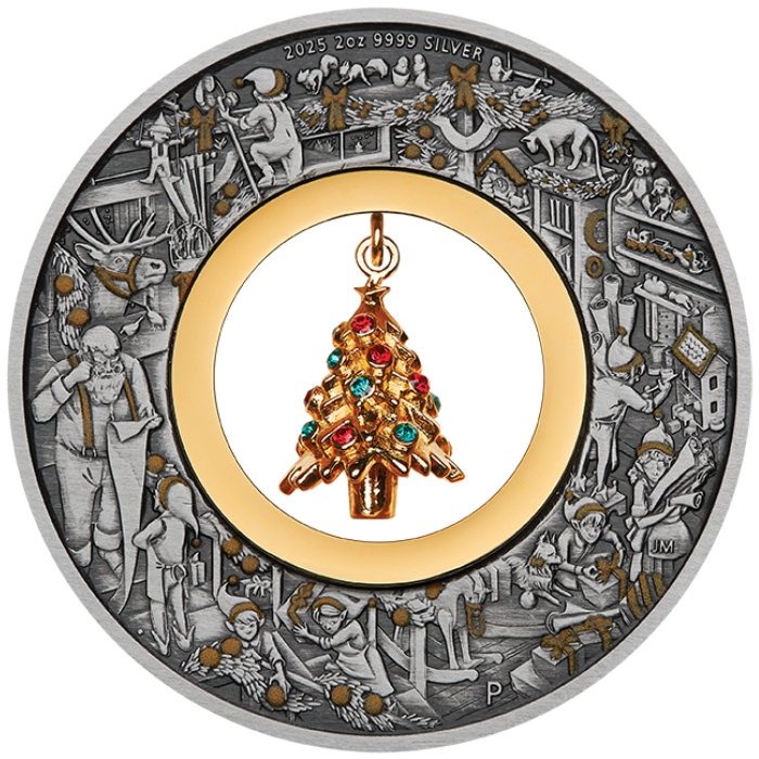 Australia: Santa’s Workshop dorada 2 oz Plata 2025 Antiqued Coin