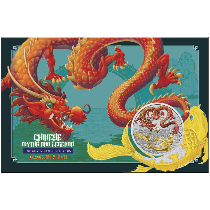  Chinese Myths and Legends: Dragon & Koi colored red-gold (card coin version) 1 oz Silver 2023