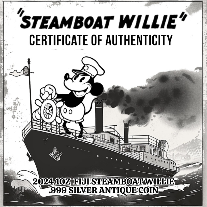 Fiji: Steamboat Willie 1 oz Silver 2024 Antiqued Coin