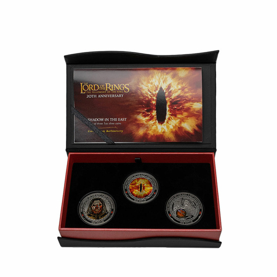 Set of 3 coins 20th Anniversary Lord of The Rings: The Fellowship of the Ring - A Shadow in the East coloured 3x1 oz Silver 2021 Antique