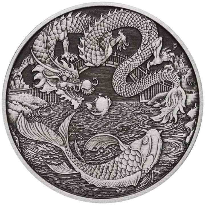 Chinese Myths and Legends: Dragon & Koi 1 oz Silver 2023 Antiqued Coin (Coin in card version)